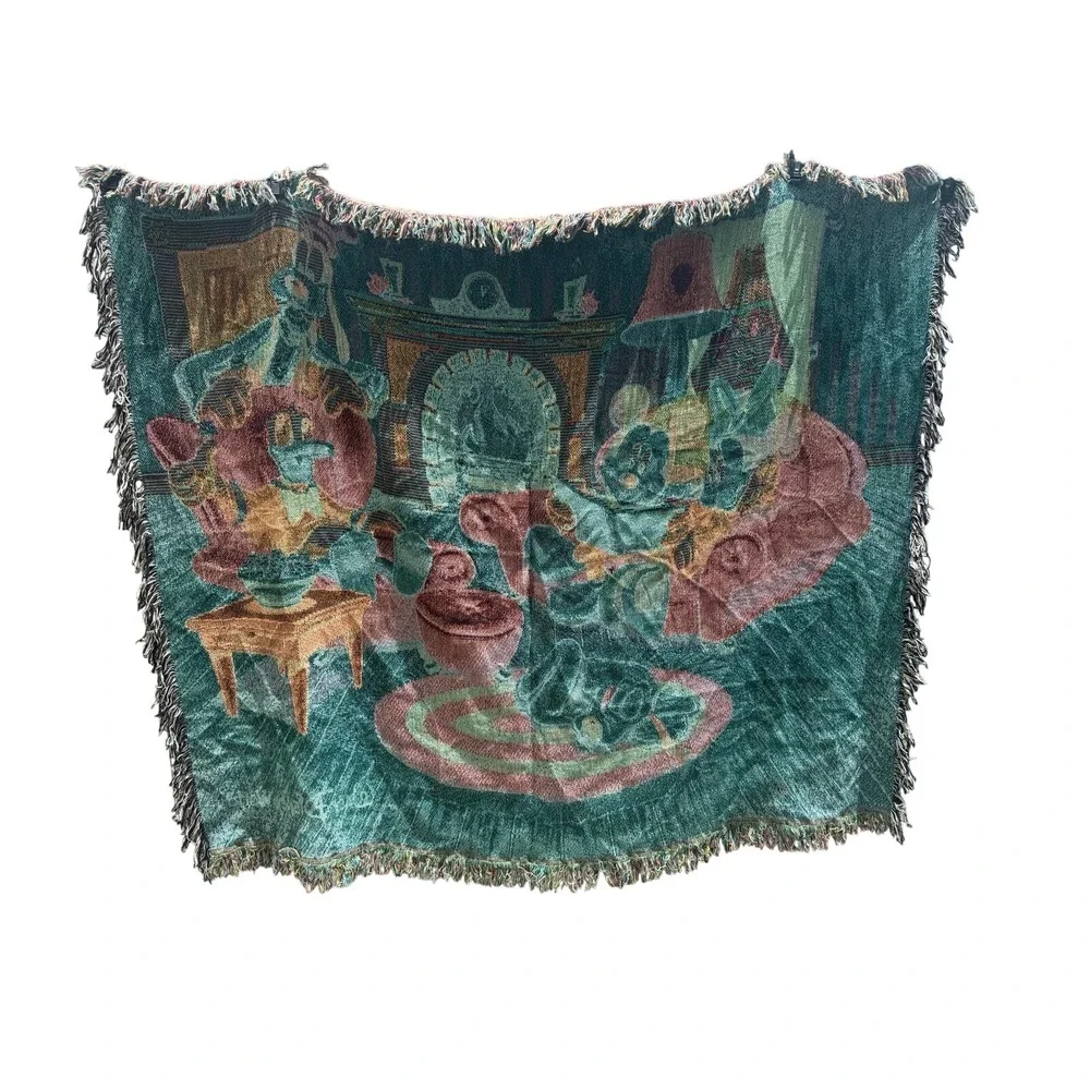 Walt Disney World Mickey Mouse Friend Woven Tapestry Throw Blanket Vintage 63x53